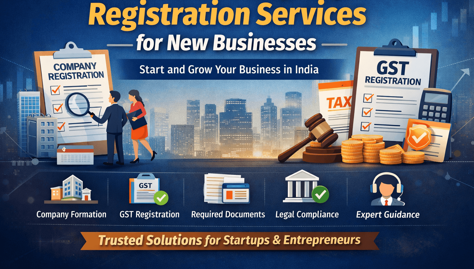 GST and company registration services for new businesses in India including company formation, GST registration, documents, and compliance support